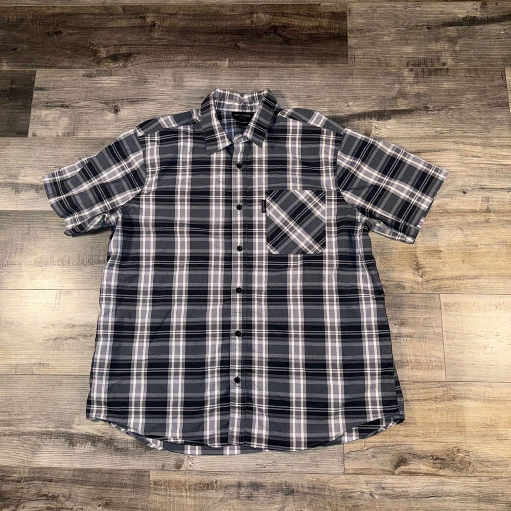 Harley-Davidson Men's 2XL Gray Plaid Button Up Shirt Short Sleeve Motorcycle
